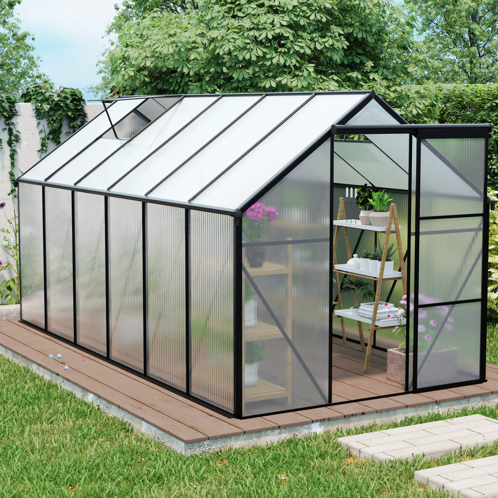 6 x 12 ft Walk-In Polycarbonate Greenhouse with Aluminum Frame & Raised Base, Black