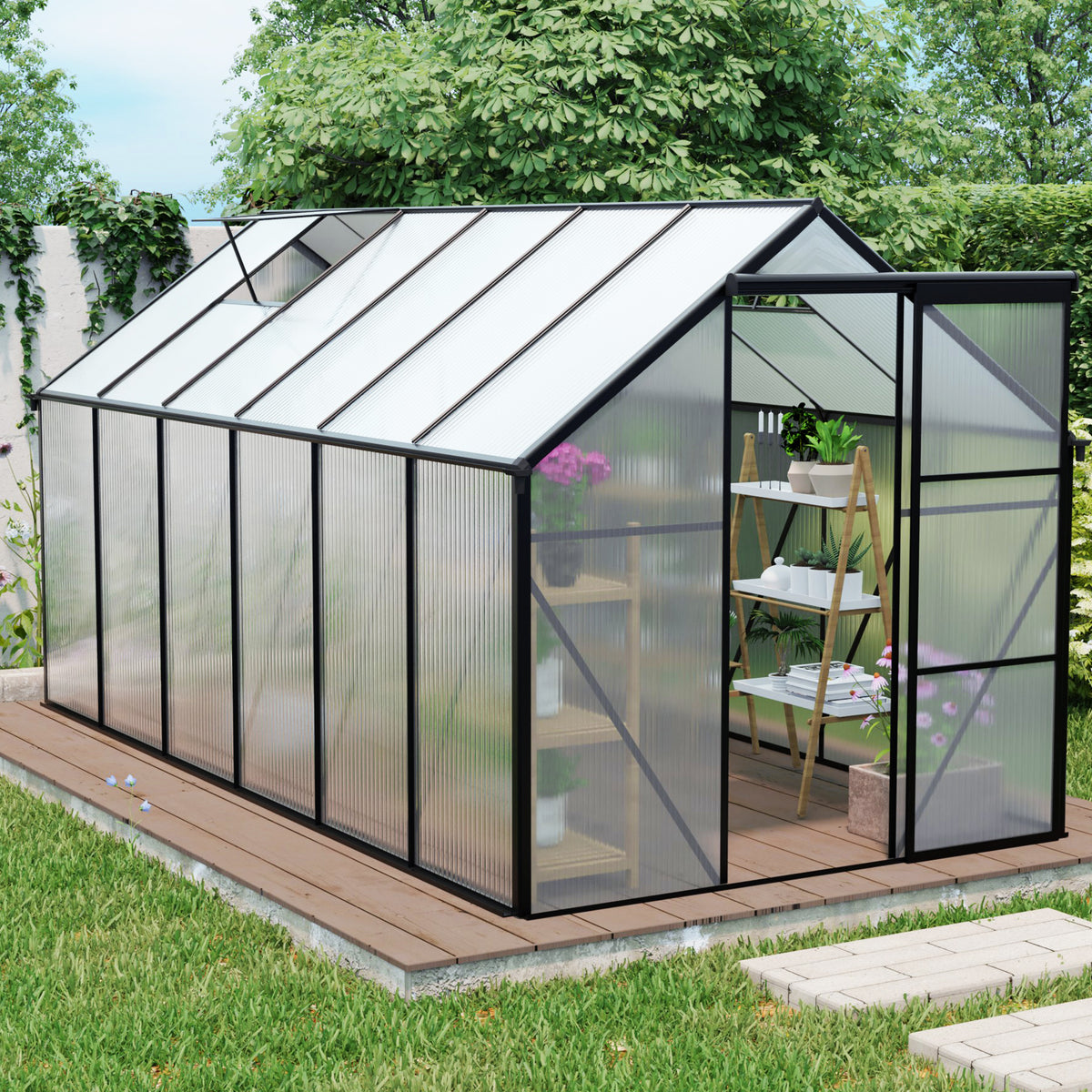 6 x 12 ft Walk-In Polycarbonate Greenhouse with Aluminum Frame & Raised Base, Black