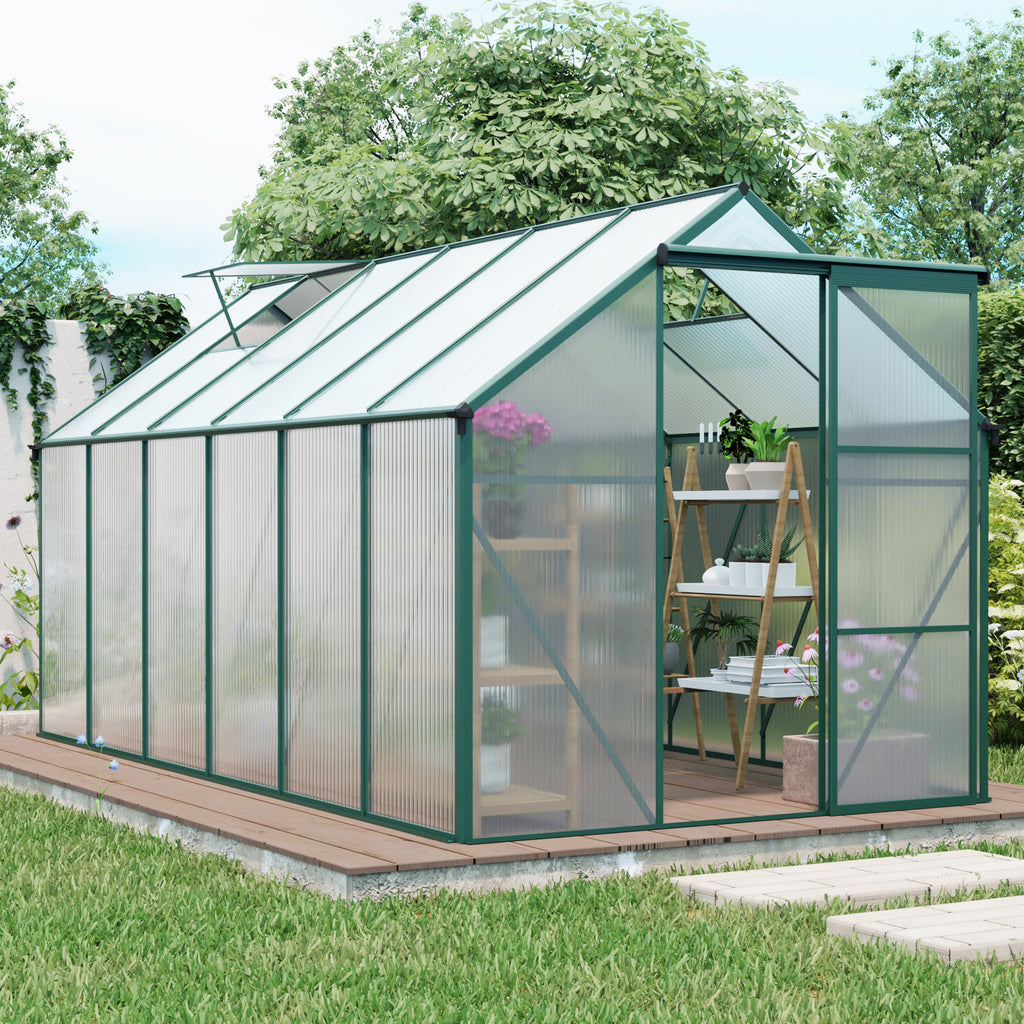 6 x 12 ft Walk-In Polycarbonate Greenhouse with Aluminum Frame & Raised Base, Green