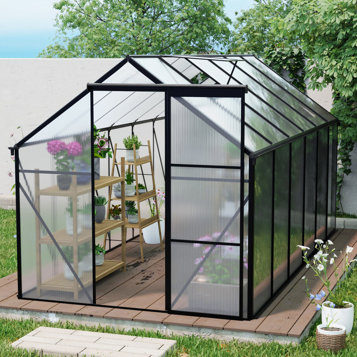 6 x 12 ft Walk-In Polycarbonate Greenhouse with Aluminum Frame & Raised Base, Black