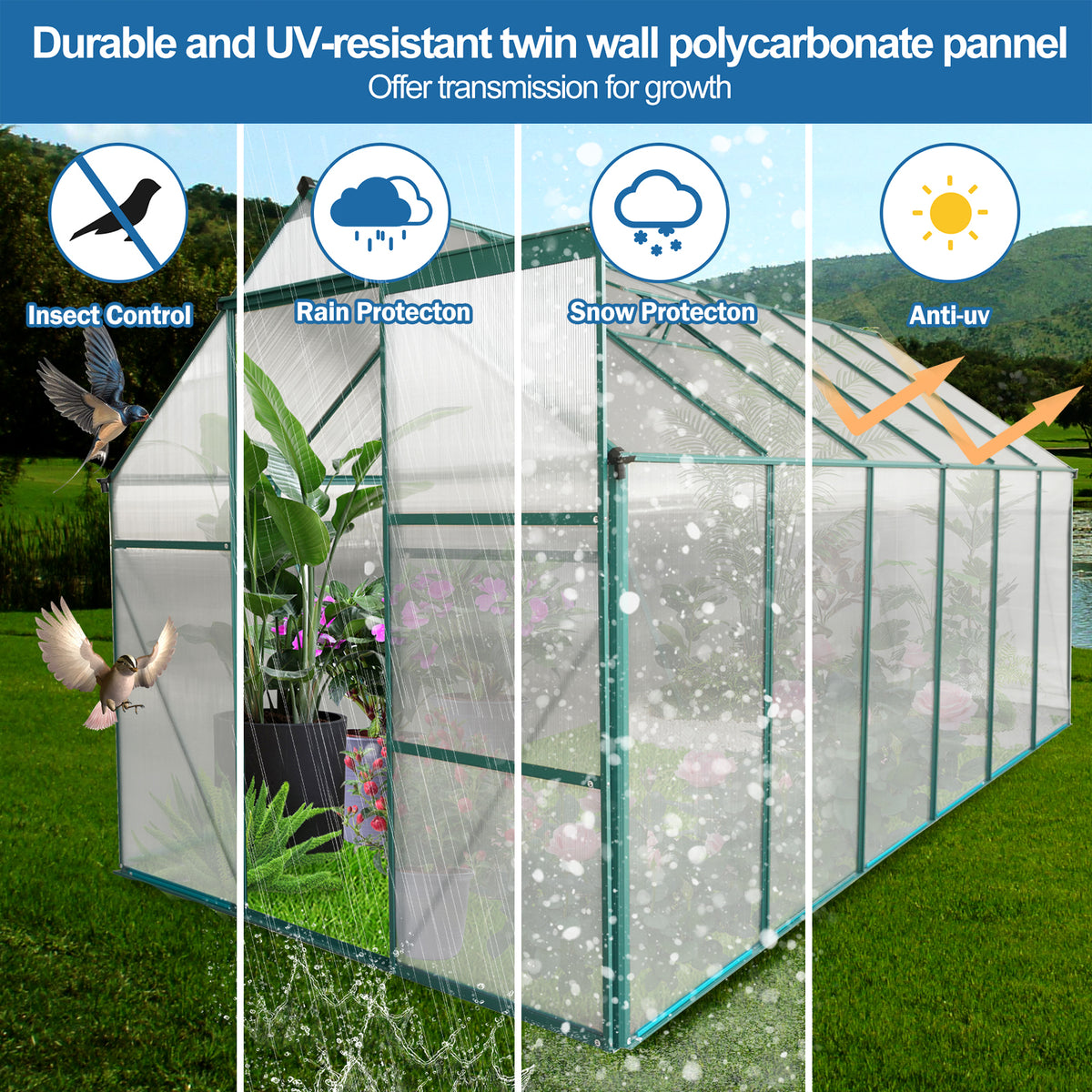 6 x 12 ft Walk-In Polycarbonate Greenhouse with Aluminum Frame & Raised Base, Green