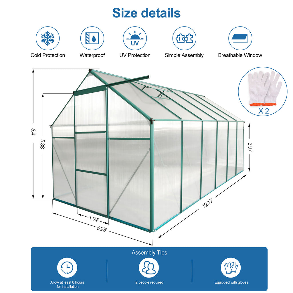6 x 12 ft Walk-In Polycarbonate Greenhouse with Aluminum Frame & Raised Base, Green