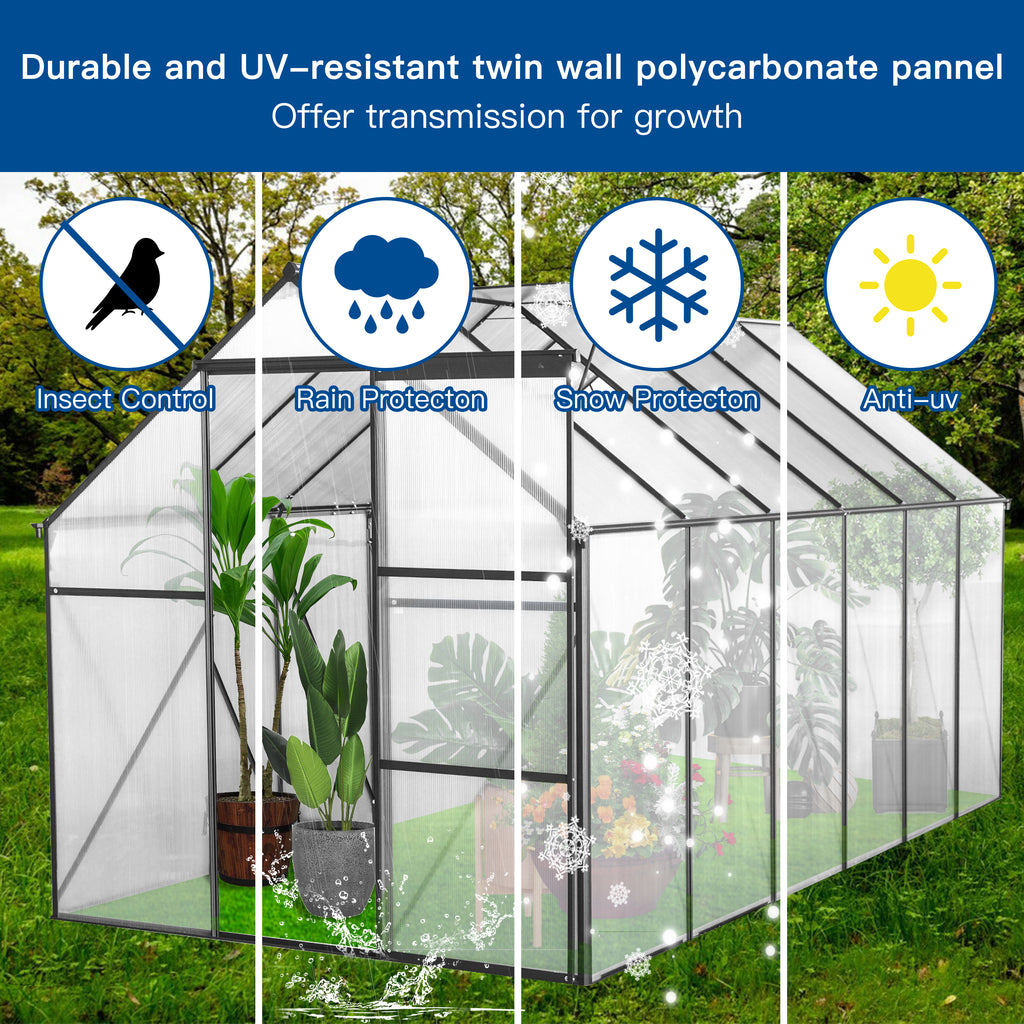 6 x 12 ft Walk-In Polycarbonate Greenhouse with Aluminum Frame & Raised Base, Black