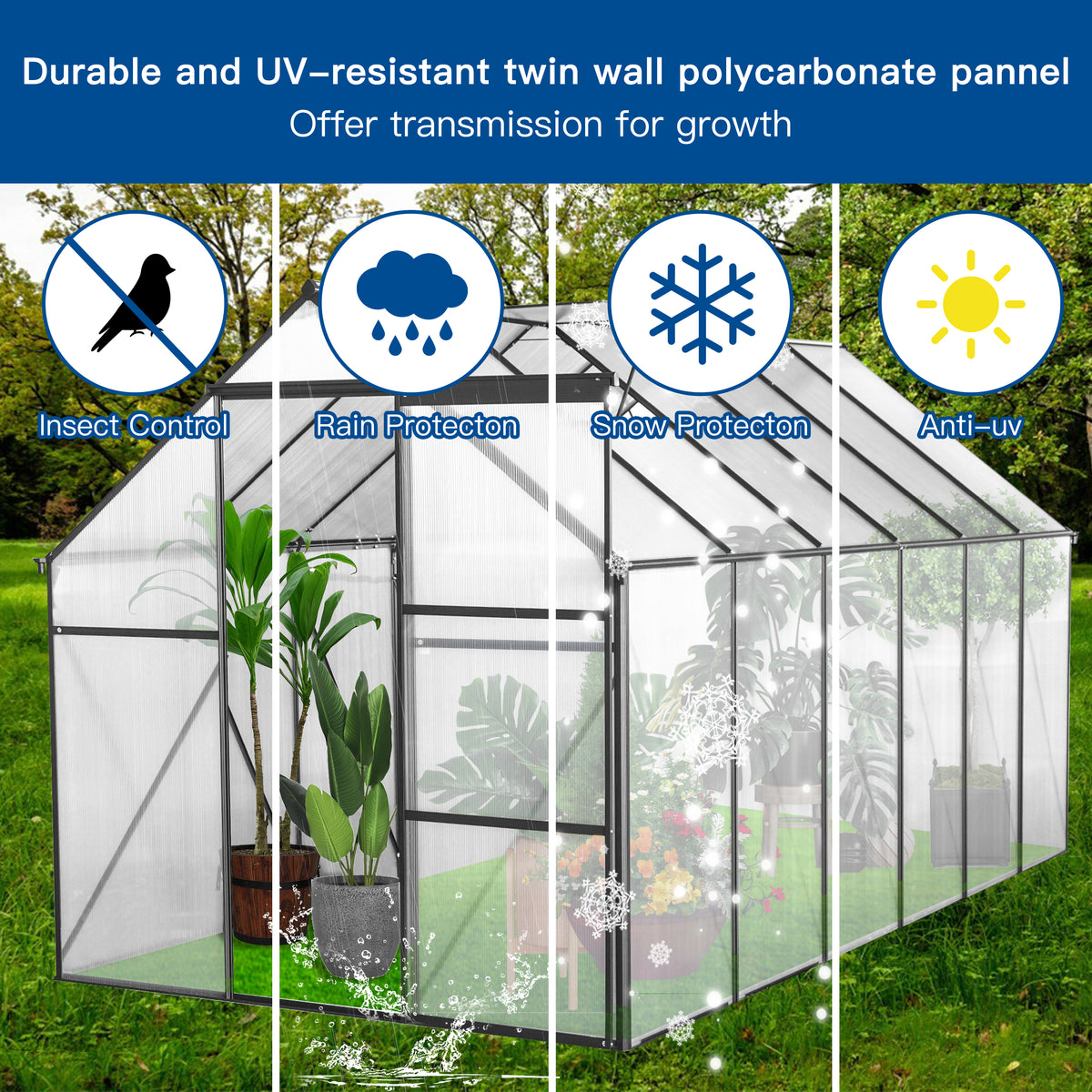 6 x 12 ft Walk-In Polycarbonate Greenhouse with Aluminum Frame & Raised Base, Black