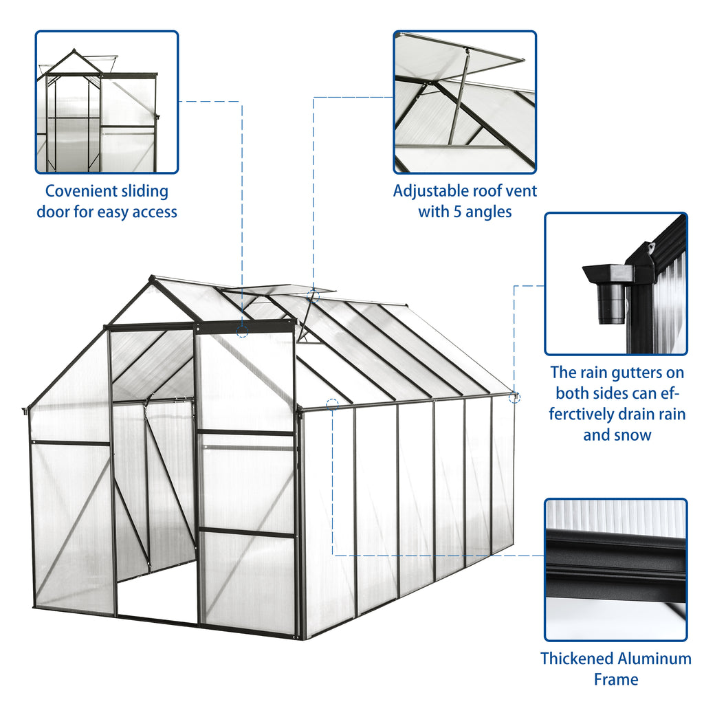 6 x 12 ft Walk-In Polycarbonate Greenhouse with Aluminum Frame & Raised Base, Black
