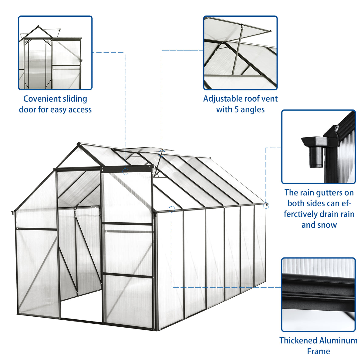 6 x 12 ft Walk-In Polycarbonate Greenhouse with Aluminum Frame & Raised Base, Black