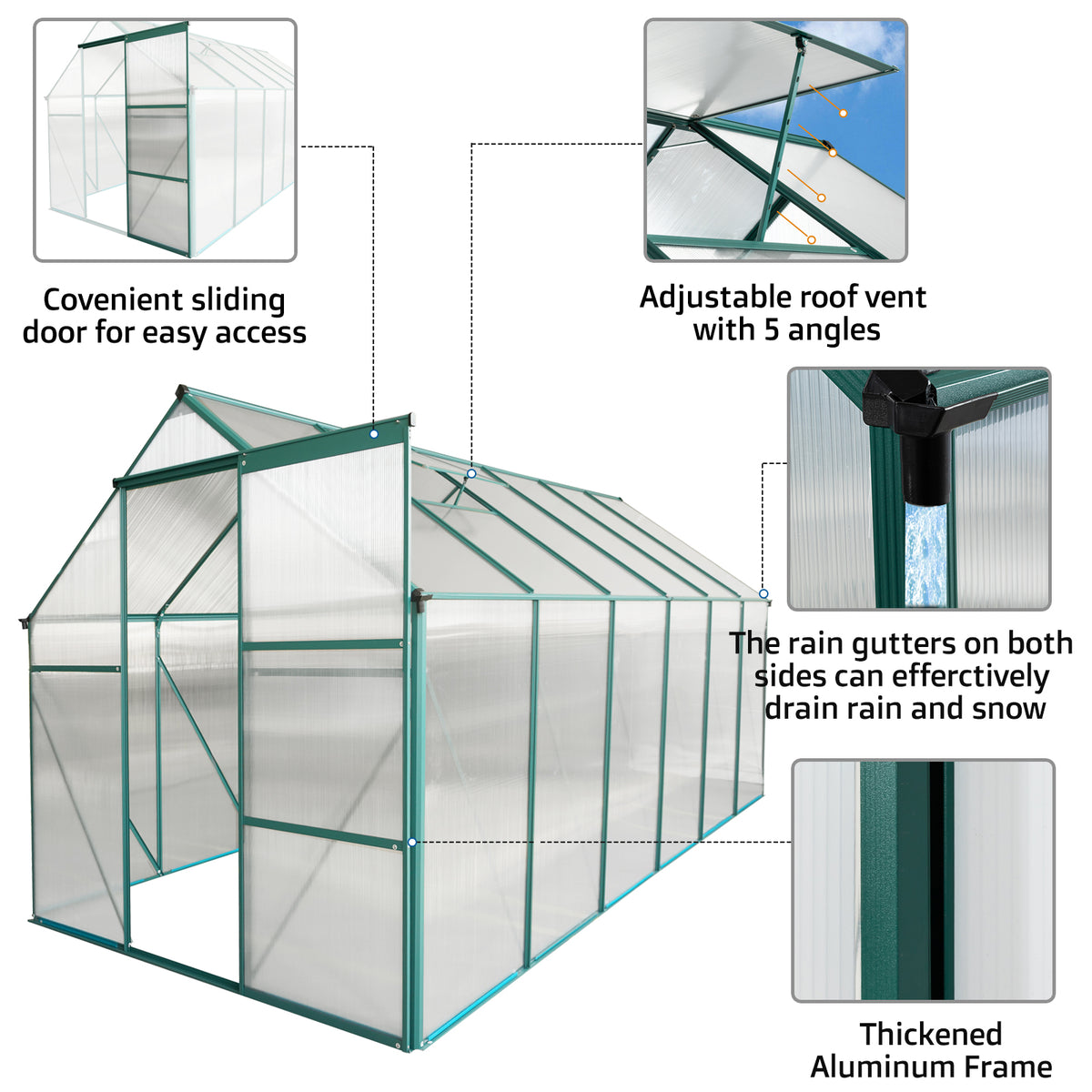 6 x 12 ft Walk-In Polycarbonate Greenhouse with Aluminum Frame & Raised Base, Green