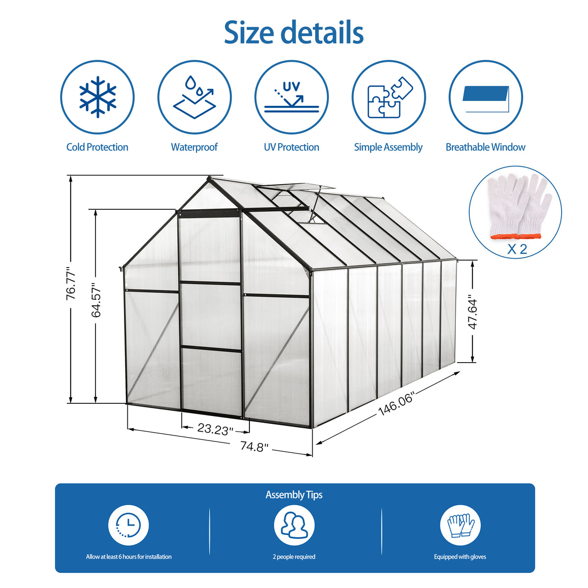 6 x 12 ft Walk-In Polycarbonate Greenhouse with Aluminum Frame & Raised Base, Black