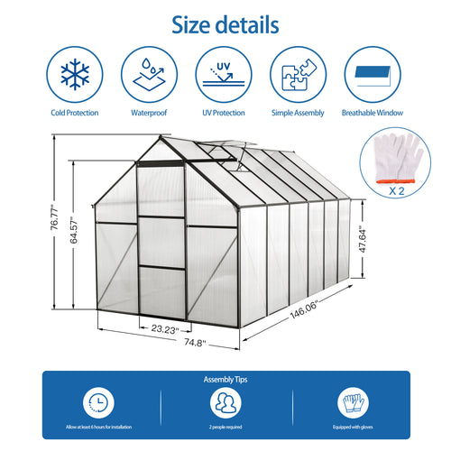 6 x 12 ft Walk-In Polycarbonate Greenhouse with Aluminum Frame & Raised Base, Black